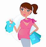 Pregnant mother with shopping bags. Vector Illustration.