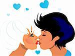 First love, couple kiss, boy and girl face to face, illustration, background, design element