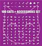 Great 100 cats and accessories icons set, vector pet emblem, cats staff sign silhouette, web buttons