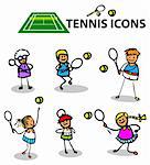 Tennis icons, fake cartoon sport emblems, vector illustration