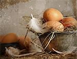 Brown speckled eggs with straw in old tin bowl