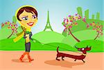 The young girl walks with a dog. Woman and dog and background are grouped and layered separately.