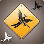 Armed angel warning road sign. A love hurts or a religion power concept