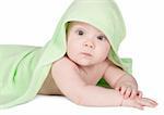 Cute baby with green towel  on a white background