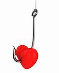 Red heart on a fishing hook isolated on white background