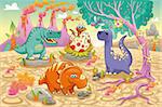 Group of funny dinosaurs in a prehistoric landscape. Cartoon and vector isolated characters on background