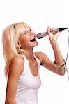 Young beautiful blond girl singing isolated on white