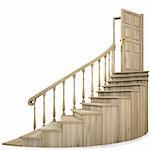 wooden twisted staircase and opened door. isolated on white. with clipping path.