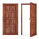 open and closed wooden doors. isolated on white. with clipping path.