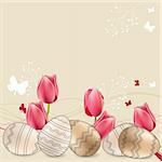 Easter greeting card with eggs and red tulips