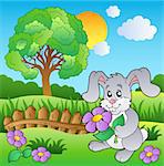 Meadow with bunny holding flower - vector illustration.