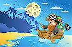 Night seascape with pirate in boat - vector illustration.