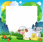 Spring frame with various animals - vector illustration.