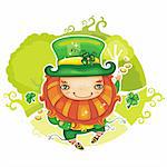 Vector illustration of St. Patrick's Day symbol, Leprechaun with shamrocks and coins, dancing at the magical forest. Can be used as greeting card.
