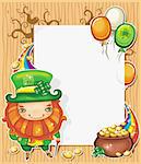 St Patrick's Day celebration illustration featuring Irish holidays symbols: leprechaun in a green coat and hat, pot of gold, golden shiny coins, magical rainbow, Irish flag color baloons flying around. White message board with space for your text inside, on Wooden background with curly floral patterns and birds.