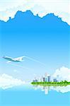 Business City Landscape with clouds water and airplane