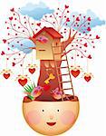 Family love concept. A lovely tree house, a bird family, a key of love and many hearths.