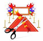 Red carpet with scissors and star background. Vector illustration