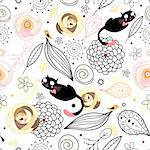 seamless black pattern with a natural colored cats and birds on a white background