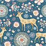 seamless color pattern with fabulous deer and flowers and hearts on a blue background