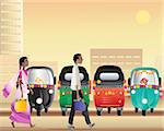 an illustration of a man and a woman walking past a tuk tuk taxi park in a large asian city at sundown