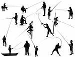 Set of Fisherman vector silhouettes black on white