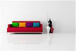 brigh minimalist living room with red fabric couch with pillow - rendering