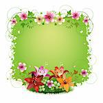 Green background with flowers and butterflies isolated on white