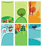 Four-season colorful nature banners: Spring, Summer, Autumn Winter. Floral elements like beautiful flowers and plants, trees, pines, mushrooms, Birds singing in the forest, and winter snowflakes. Natural decorative illustration have space for your text