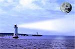 a lighthouse on the mouth of the river shannon with a full moon