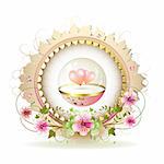 Circular floral frame with hearts in glass globe and gold decoration for Valentine's day