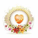 Circular floral frame with heart, lilies and gold decoration for Valentine's day