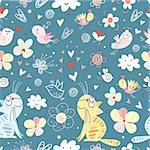 seamless floral pattern with cats and birds on a dark blue background