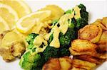 A close-up of fried cod with sliced potatoes, broccoli and bechame sauce