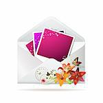 Blank colored photos in envelope decorated with flowers, isolated on white background