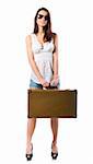young woman is standing with old leather case, isolated on white