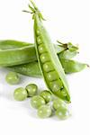 Ripe pea vegetable with green leaf isolated on white background