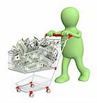 Puppet with shopping cart and dollars. Isolated over white