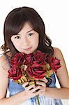 Happy young girl holding roses, closeup portrait on white background.