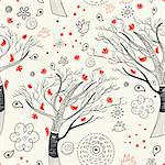 seamless pattern from black ornamental trees with birds on a light background