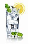 full glass of fresh cool transparent water with lemon and mint leaves