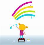 Blond hair girl painting colorful vibrant rainbow with paint brush.Vector Illustration.