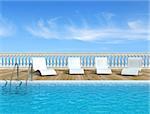 Luxury swimming pool with white fashion deckchairs -rendering- the image on background is a my rendering composition