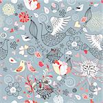 Seamless red floral pattern with birds and fishes on a blue background