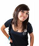 Cute looking latino girl smiles with hands on hips with white background