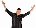 Latino man smiling with raised arms on white background