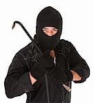 Masked criminal holding a crowbar on white background