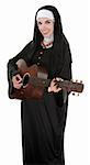 Nun in a happy mood playing a guitar