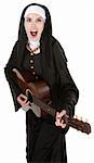 Ethustiatic Nun singing out loud while playing a guitar