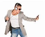 Middle aged Hispanic man dances while listening to music